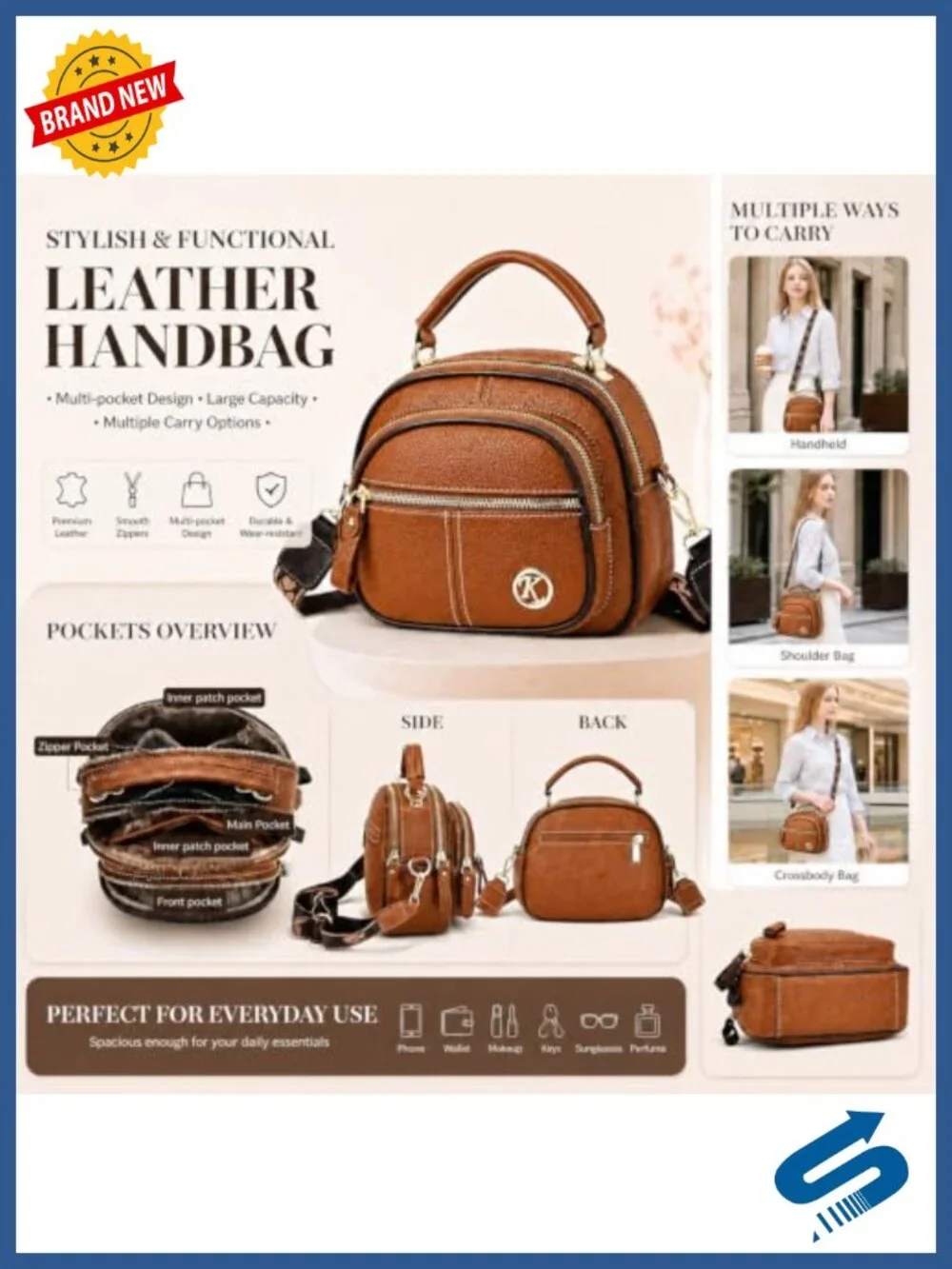 Vintage PU Leather Crossbody Bag with Adjustable Strap and Multiple Pockets